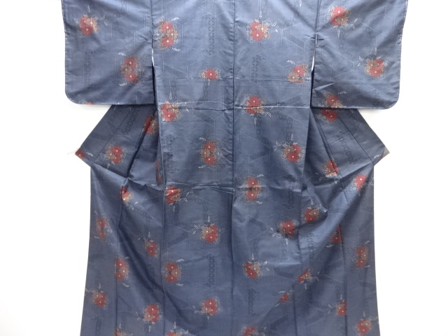 JAPANESE KIMONO / UNUSED DORO OSHIMA TSUMUGI (5 maruki) / WOVEN KIKU & GEOMETRIC PATTERN 